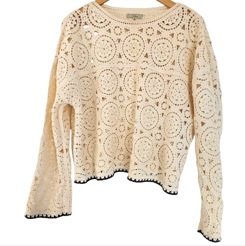 CAPRI Crochet Open Knit Long Sleeve Cream Color Sweater Size Large